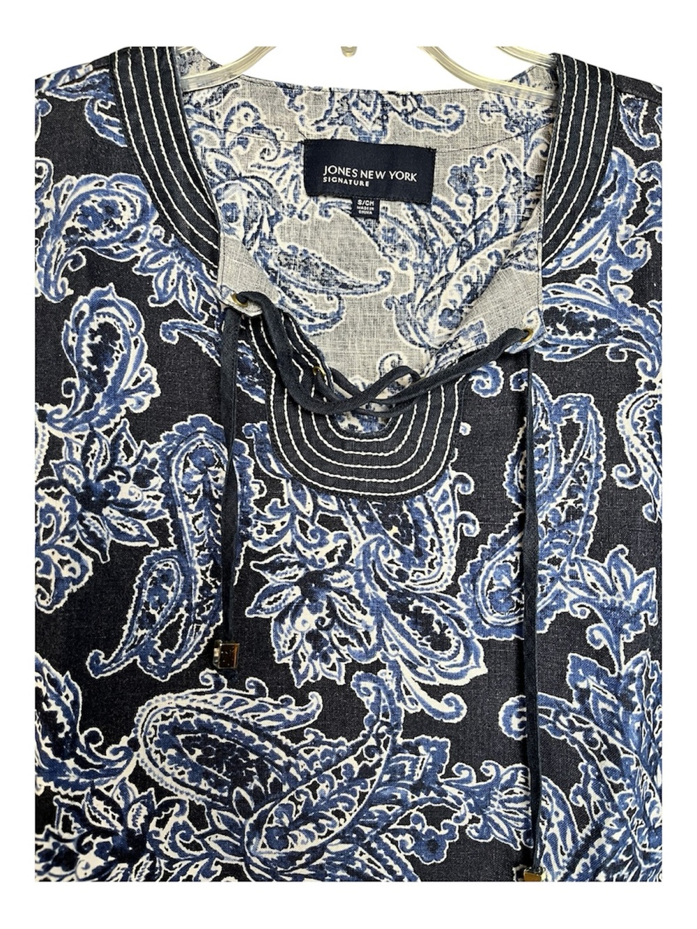 Jones New York Navy & White Paisley Lace-Up Tunic